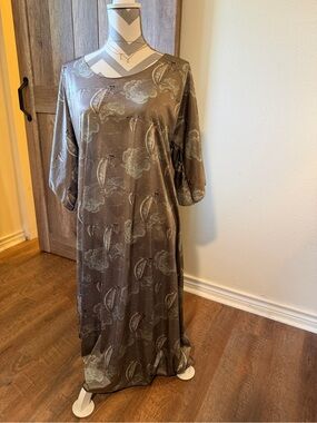 Vintage Perry Lingerie Nylon Lounge Gown Maxi Caftan Sailboat Print Bronze USA